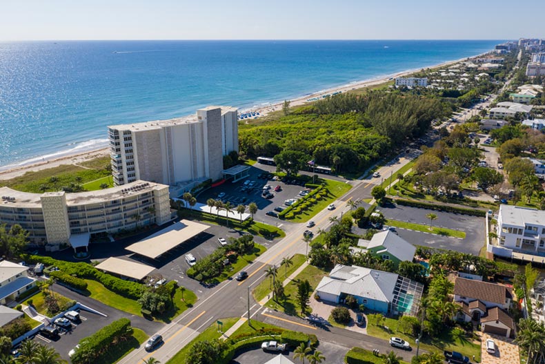 An aerial view of the shoreline and buildings in Boynton Beach, Florida.