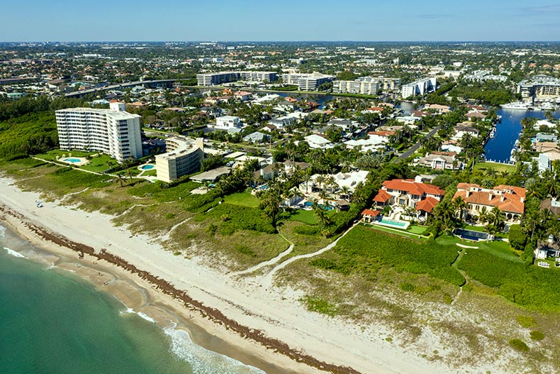 Aerial view of neighborhoods in Boynton Beach, Florida on the Atlantic coast