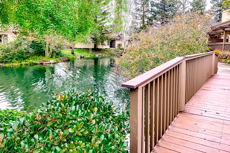 View of a pedestrian bridge over a pond surrounded by greenery at Willowbrook in Napa, California