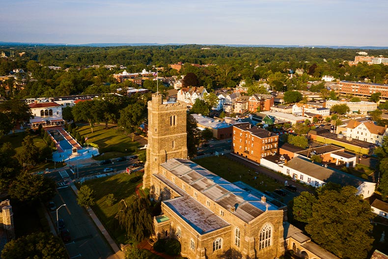 Aerial shot of downtown Plainsboro New Jersey near Cadbury