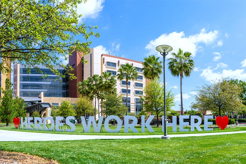 Palm trees surrounding a hospital in Tustin, California