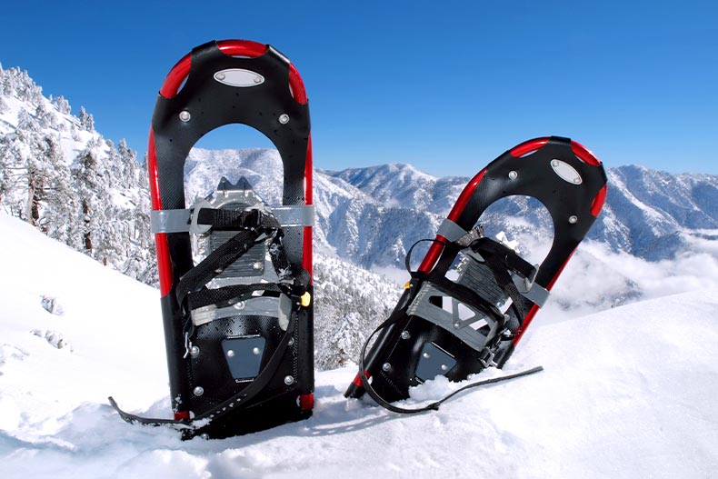 Two snowshoes on a California mountain peak