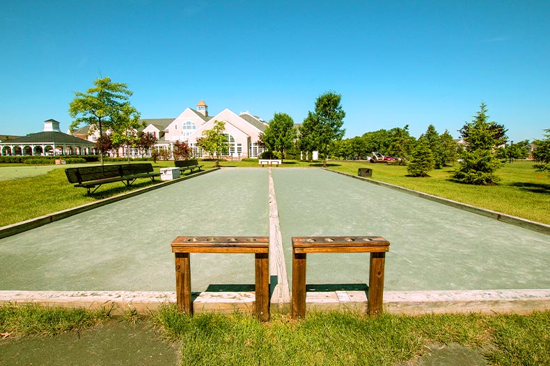 Two bocce ball courts in Canal Walk leading to the clubhouse, located in Somerset, New Jersey