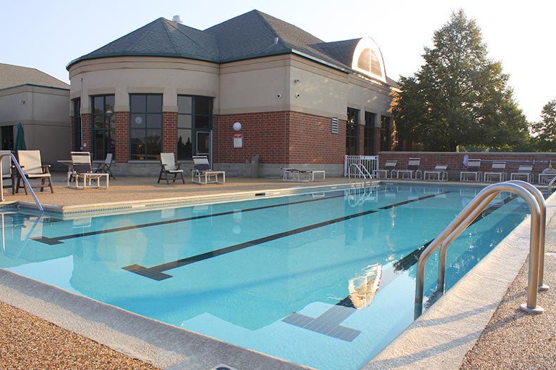 View of the outdoor pool and patio at Carillon in Plainfield, Illinois