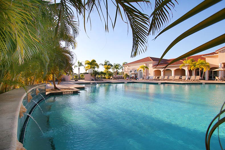 The outdoor resort-style pool at Cascades at Sarasota in Sarasota, Florida
