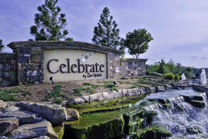 A water feature beside the community sign for Celebrate in Fredericksburg, Virginia.