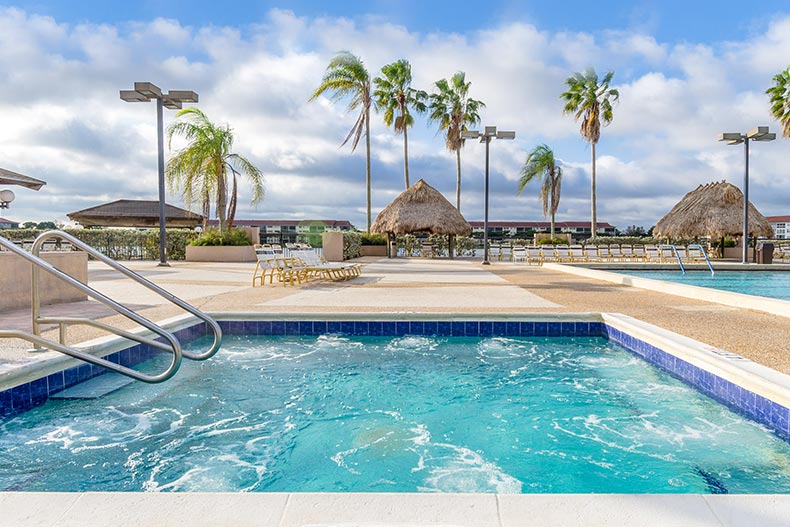 Palm trees and cabanas surrounding an outdoor pool and spa at Century Village at Pembroke Pines in Florida