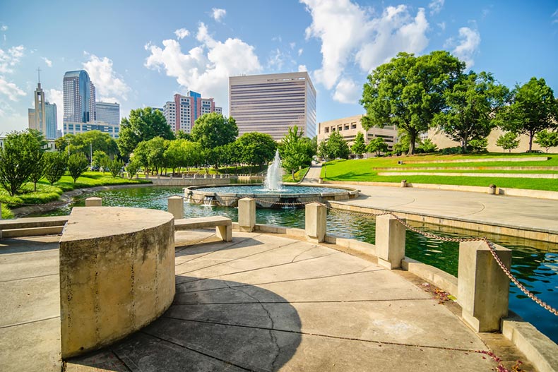 View of the city skyline from a park in Charlotte, North Carolina