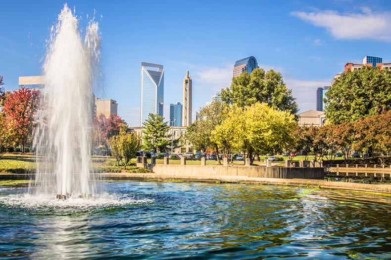 The fountain in Marshall Park with the downtown skyline of Charlotte, North Carolina in the background