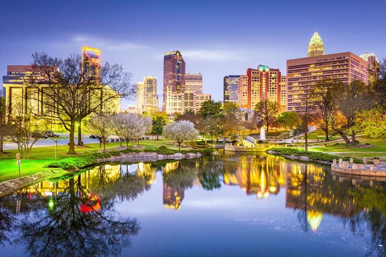 View from Marshall Park of the Charlotte, North Carolina skyline at night