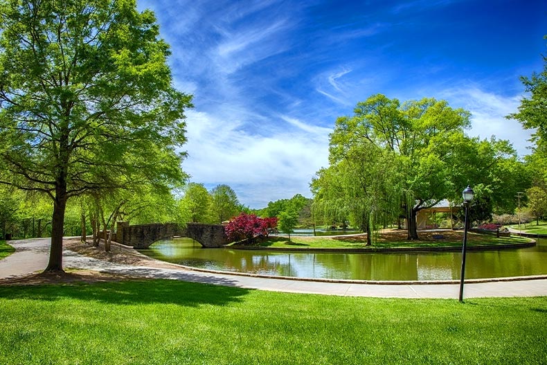 A sunny day in a park with trees and a river crossed by a bridge located in Charlotte, North Carolina