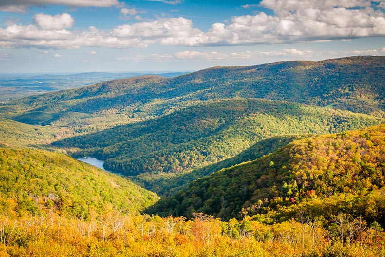 Early autumn view of the Charlottesville Reservoir from Moormans River Overlook in Shenandoah National Park, Virginia