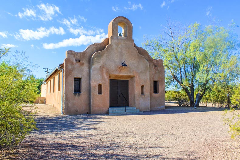 Exterior view of San Pedro Chapel, a Pueblo-style church in Tucson, Arizona