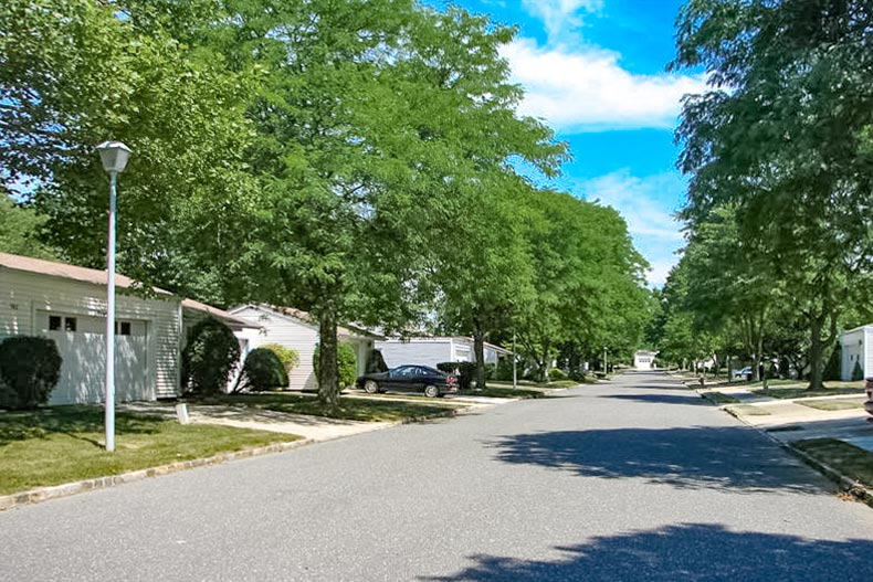 View down a residential street in Clearbrook in Monroe, New Jersey