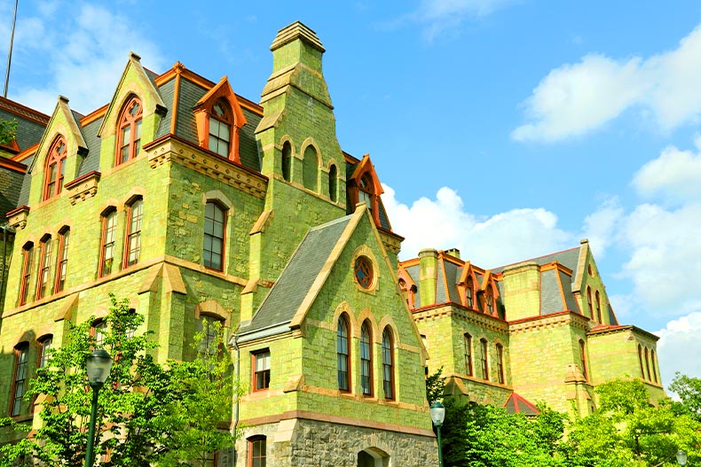 Exterior view of a green college hall at Penn State in State College, Pennsylvania