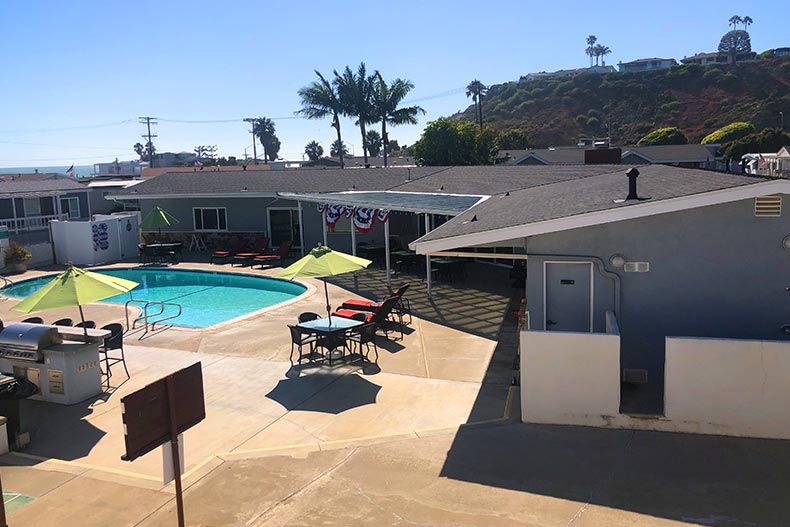The outdoor pool beside the clubhouse at Colony Cove in San Clemente, California
