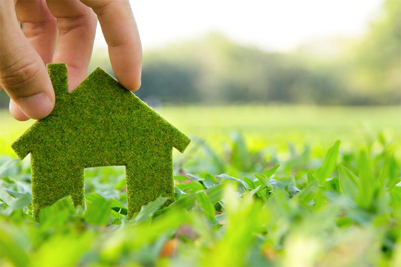 A hand holding a house silhouette with moss on it in a field of grass