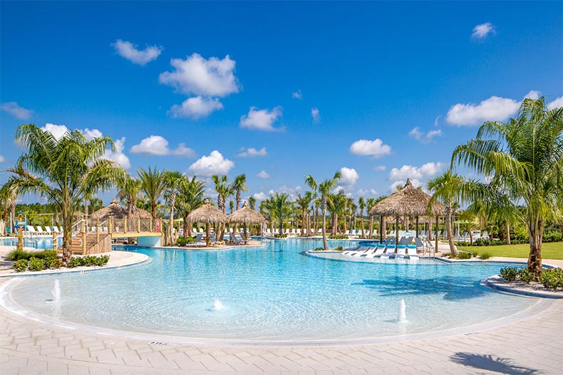 Palm trees surrounding the resort-style pool at Latitude Margaritaville in Daytona Beach, Florida