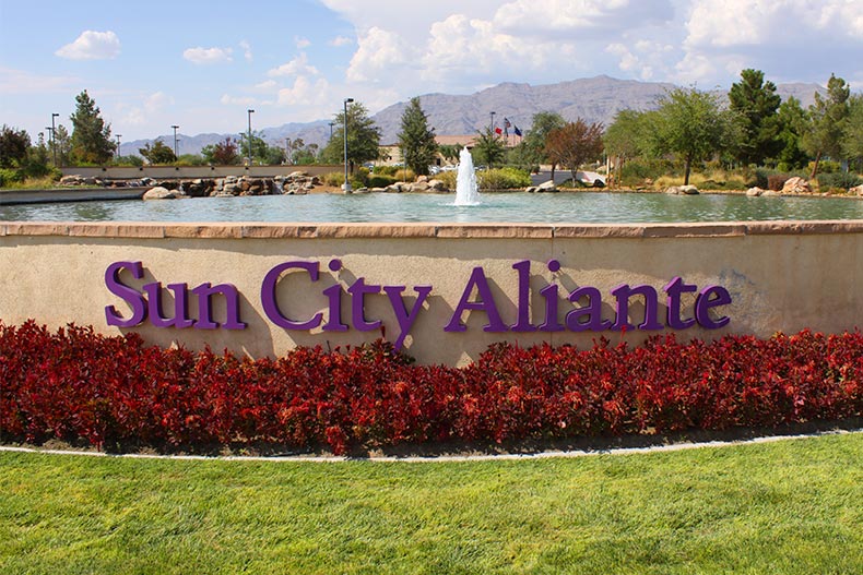 A fountain behind the community sign for Sun City Aliante in North Las Vegas, Nevada