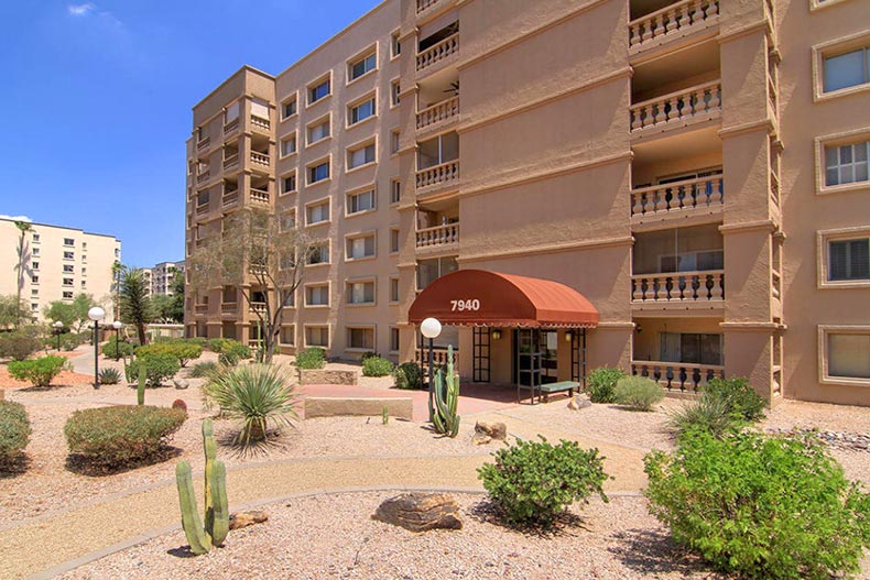 Exterior view of a condo building at Scottsdale Shadows in Scottsdale, Arizona