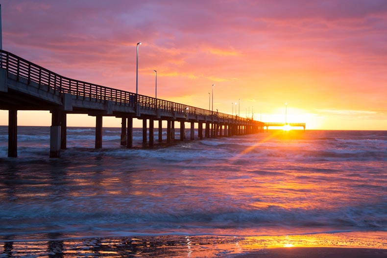 Sunset view of Bob Hall Pier in Corpus Christi, Texas