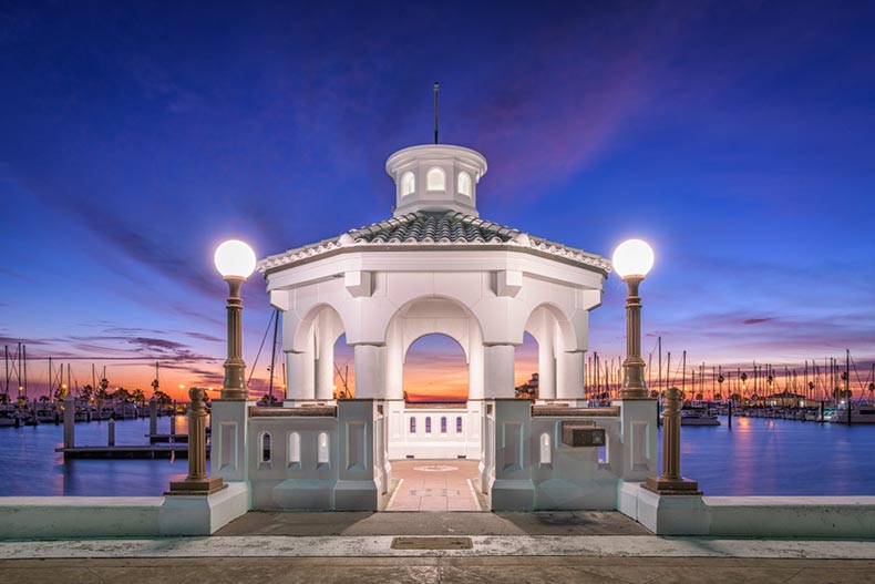 A lookout point on the seawall at dawn in Corpus Christi, Texas