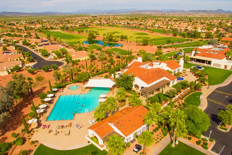 Aerial view of Corte Bella in Sun City West, Arizona with the amenity center in the foreground