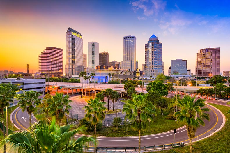 Sunset view of the downtown skyline in Tampa, Florida