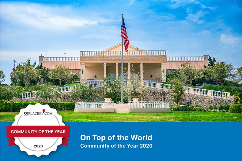 "Community of the Year" banner over the recreation center at On Top of the World in Ocala, Florida