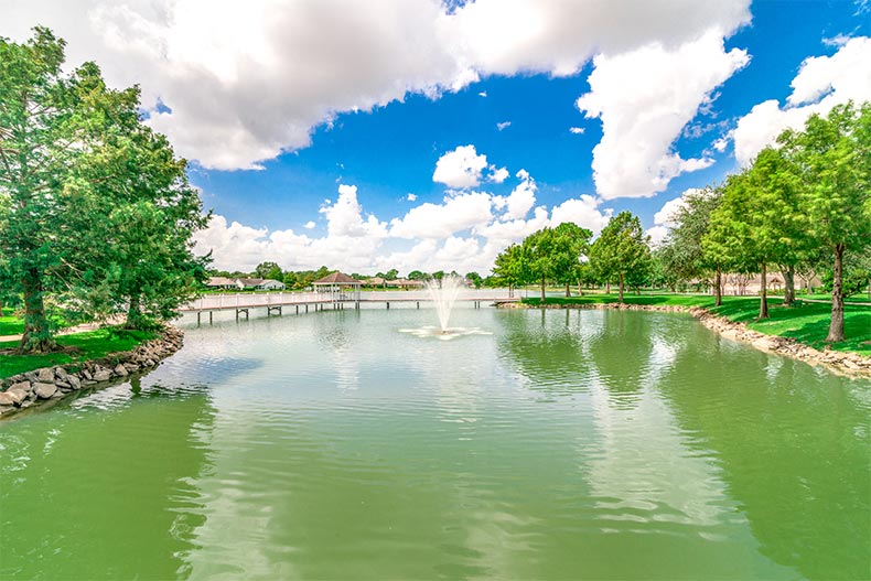 A pond surrounded by trees at CountryPlace in Pearland, Texas