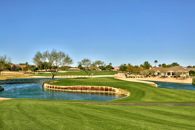 A golf course and ponds in Sun City Grand, located in Surprise, Arizona