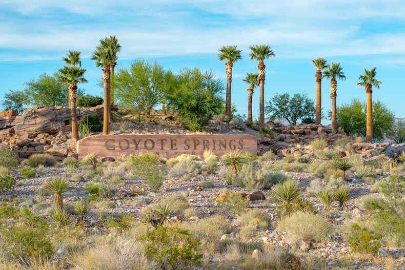 The entrance sign for Coyote Springs, a master-planned community featuring a world-famous golf course near Las Vegas, Nevada