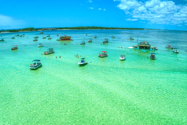 Aerial view of boats floating on Crab Island in Destin, Florida