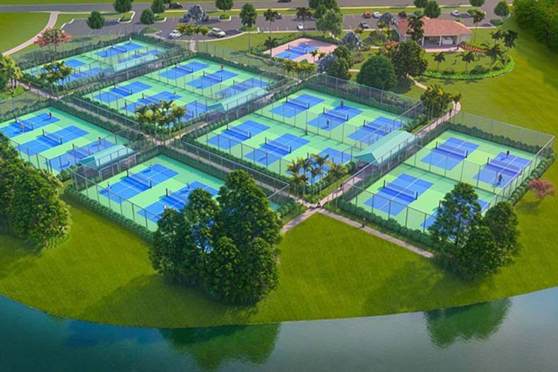 Aerial view of the tennis courts at Cresswind at PGA Village Verano in Port St Lucie, Florida