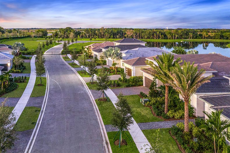 Aerial view of a residential street in Cresswind Lakewood Ranch in Lakewood Ranch, Florida