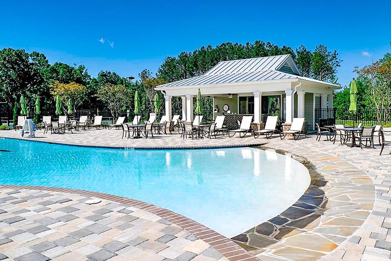 Lounge chairs on the patio surrounding the outdoor pool at Cresswind Peachtree City in Peachtree City, Georgia