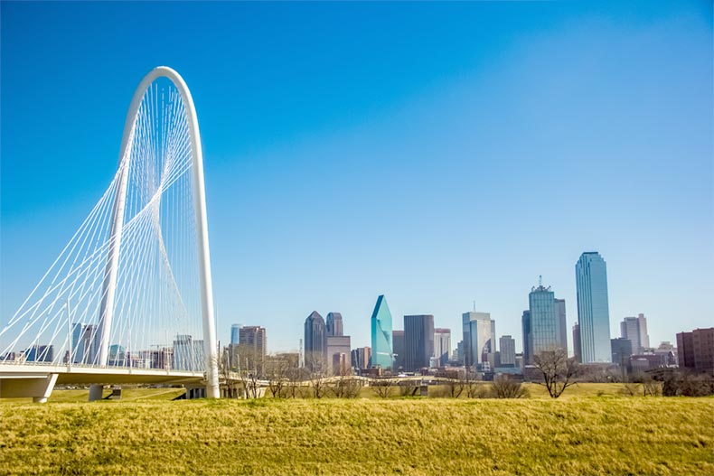A blue sky over Margaret Hunt Hill Bridge in Dallas, Texas