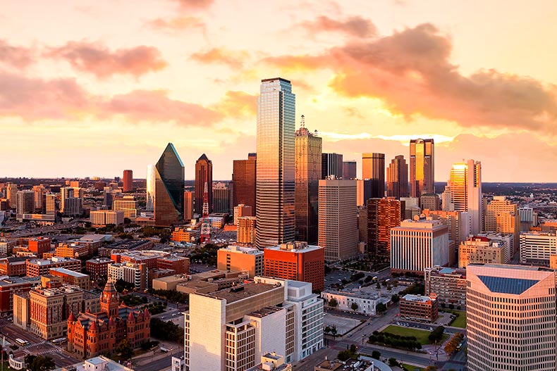 Aerial view of the Dallas, Texas skyline at sunset
