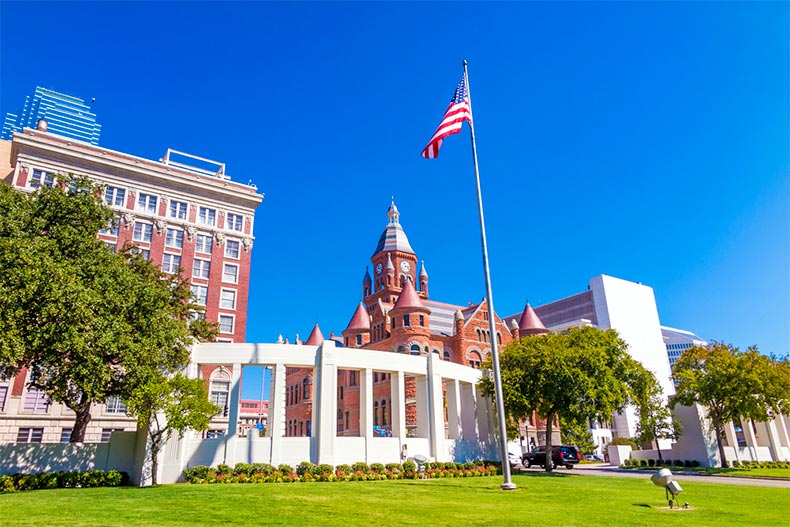 Blue skies over Dealy Plaza in downtown Dallas, Texas