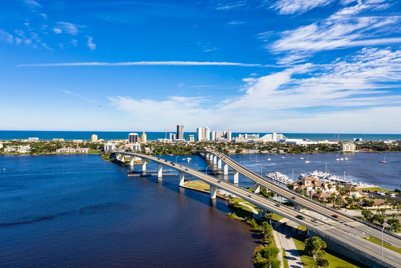 Aerial view of Daytona Beach and split bridges crossing the Halifax River
