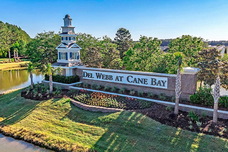 Aerial view of the community sign at Del Webb at Cane Bay in Summerville, South Carolina