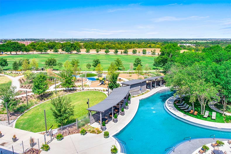 Aerial view of the amenities at Del Webb at Union Park in Little Elm, Texas