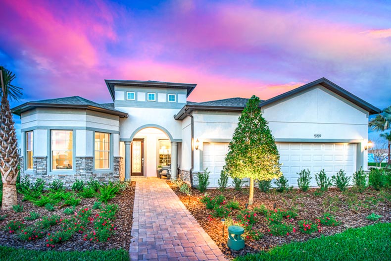 Exterior view of a model home at Del Webb Bexley in Land O'Lakes, Florida