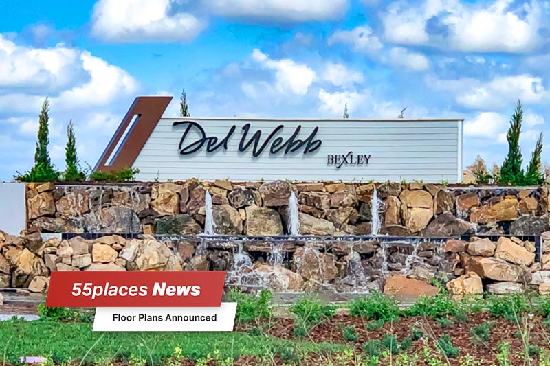 "55places News: Floor Plans Announced" banner over the community sign for Del Webb Bexley in Land O'Lakes, Florida