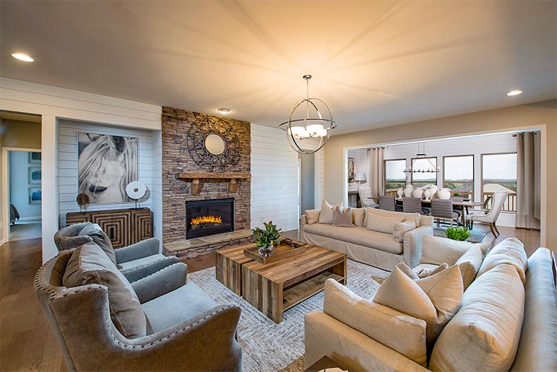 A living room in a model home at Del Webb Chateau Elan in Braselton, Georgia