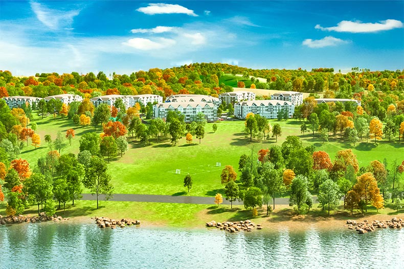 Aerial rendering of the grounds and residential buildings at Del Webb Chauncy Lake in Westborough, Massachusetts