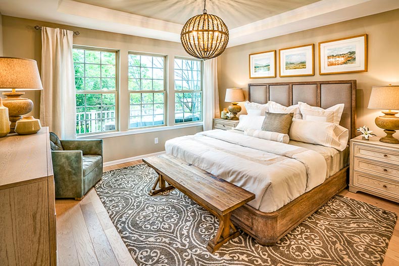 Interior view of a bedroom in a model home at Del Webb Florham Park in Florham Park, New Jersey