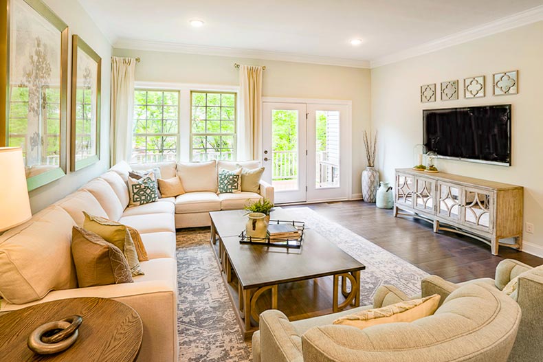 A living room in a model home at Del Webb Florham Park in New Jersey