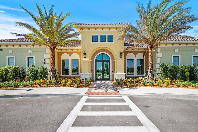 Palm trees beside the clubhouse at Del Webb Naples in Ave Maria, Florida