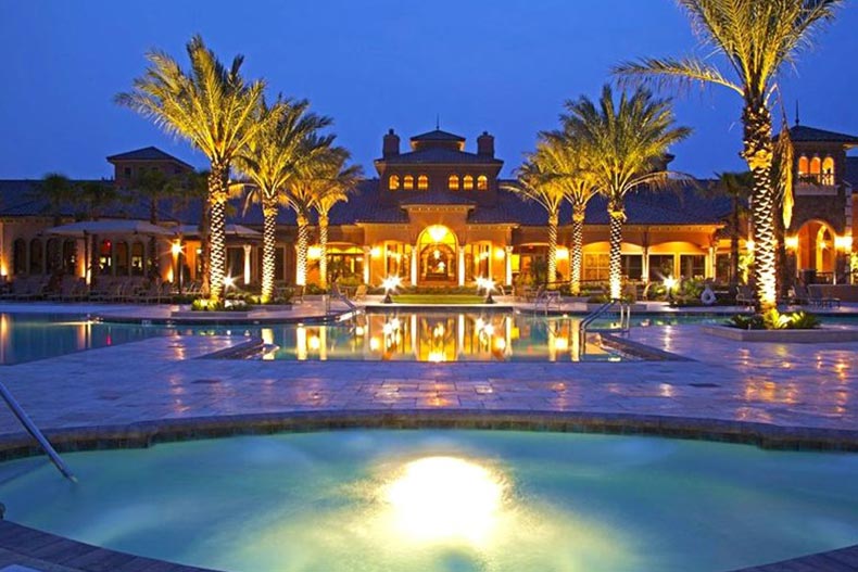 Exterior view of the clubhouse at night at Del Webb Ponte Vedra in Florida